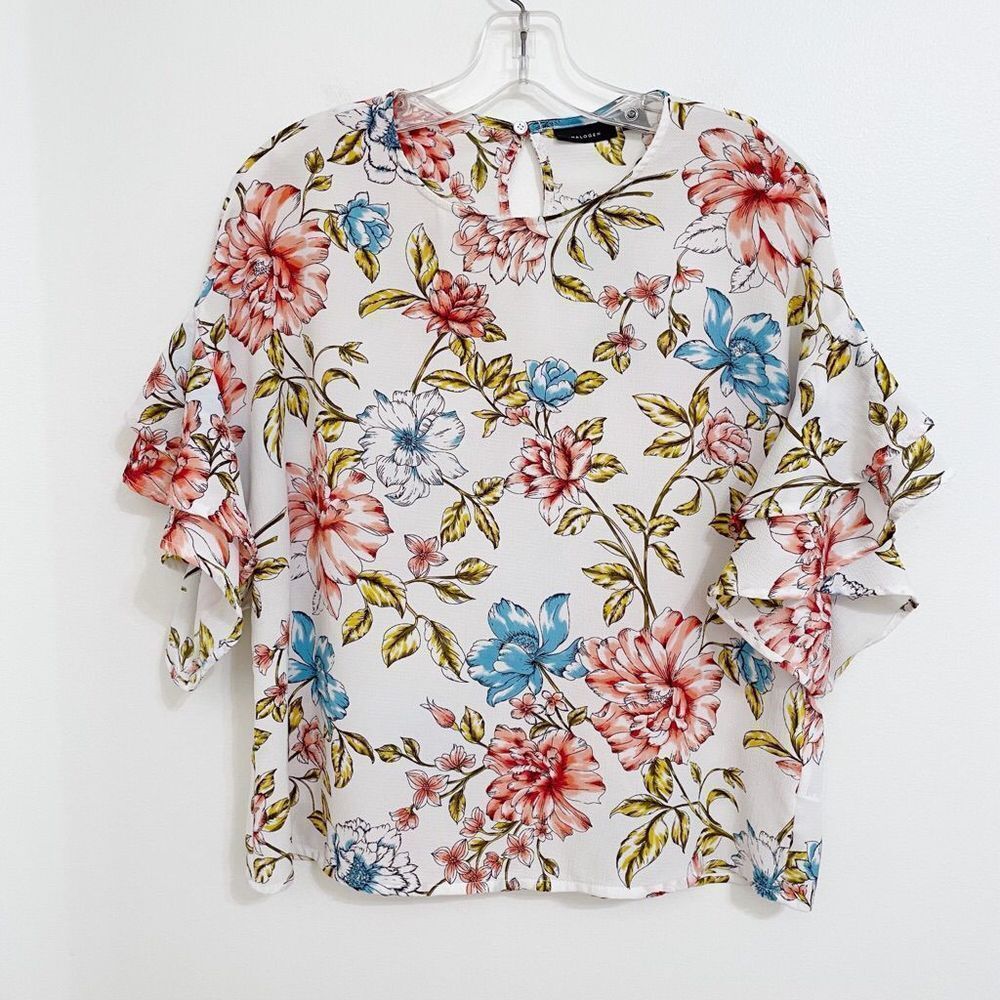 Halogen Floral Top Ruffled Sleeves White XS Petite